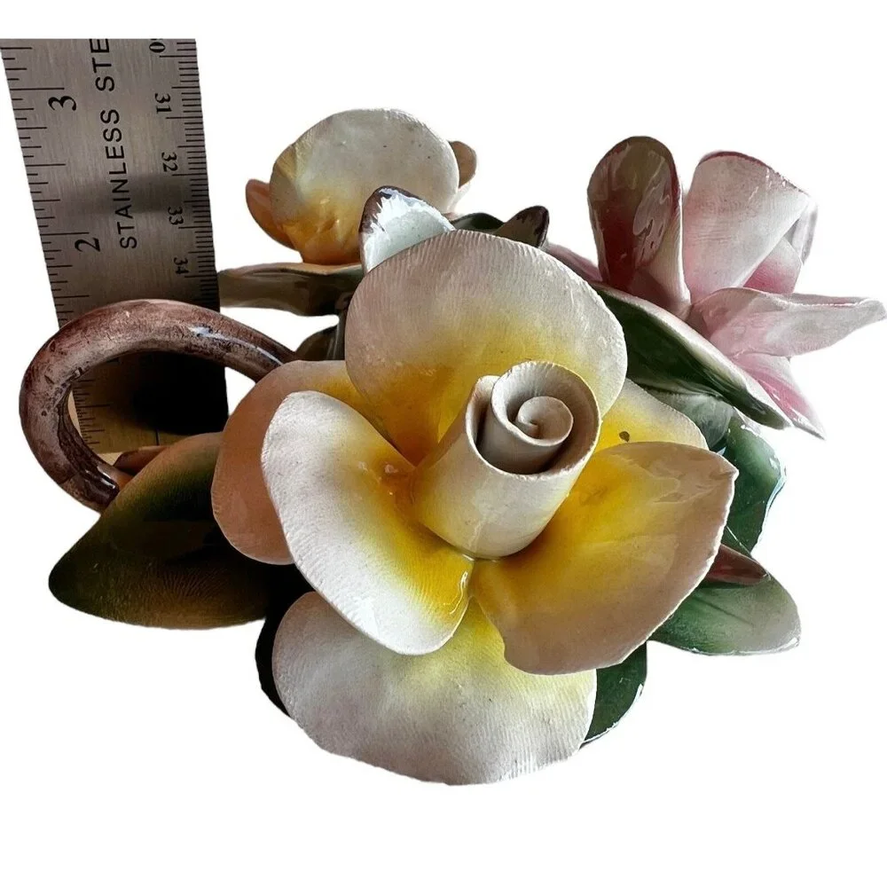 Capodimonte Roses Candle Stick Holder Pink Yellow Green Made in Italy Cottagecor
